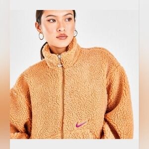 Nike Faux Fur Full Zip Sherpa Teddy Jacket‎ Tan Pink Swoosh Cozy Gorpcore S